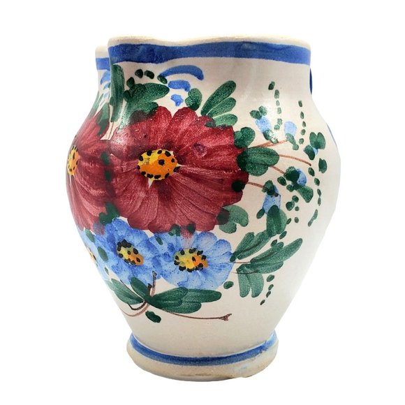 Vintage Art Pottery Small Floral Pitcher Italy Hand Painted Rustic Farmhouse Cou - Picture 2 of 8